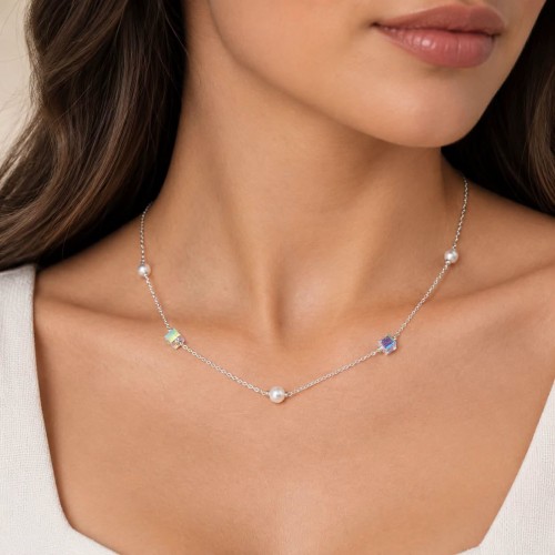 Дамско Сребърно Колие с Кристали и Перли Сваровски/Swarovski